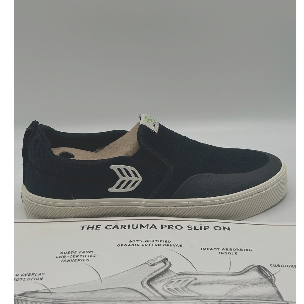 Cariuma Slip On Sneaker Women's 9.5 M, Black Suede Canvas Ivory Logo,NEW/DEFECTS